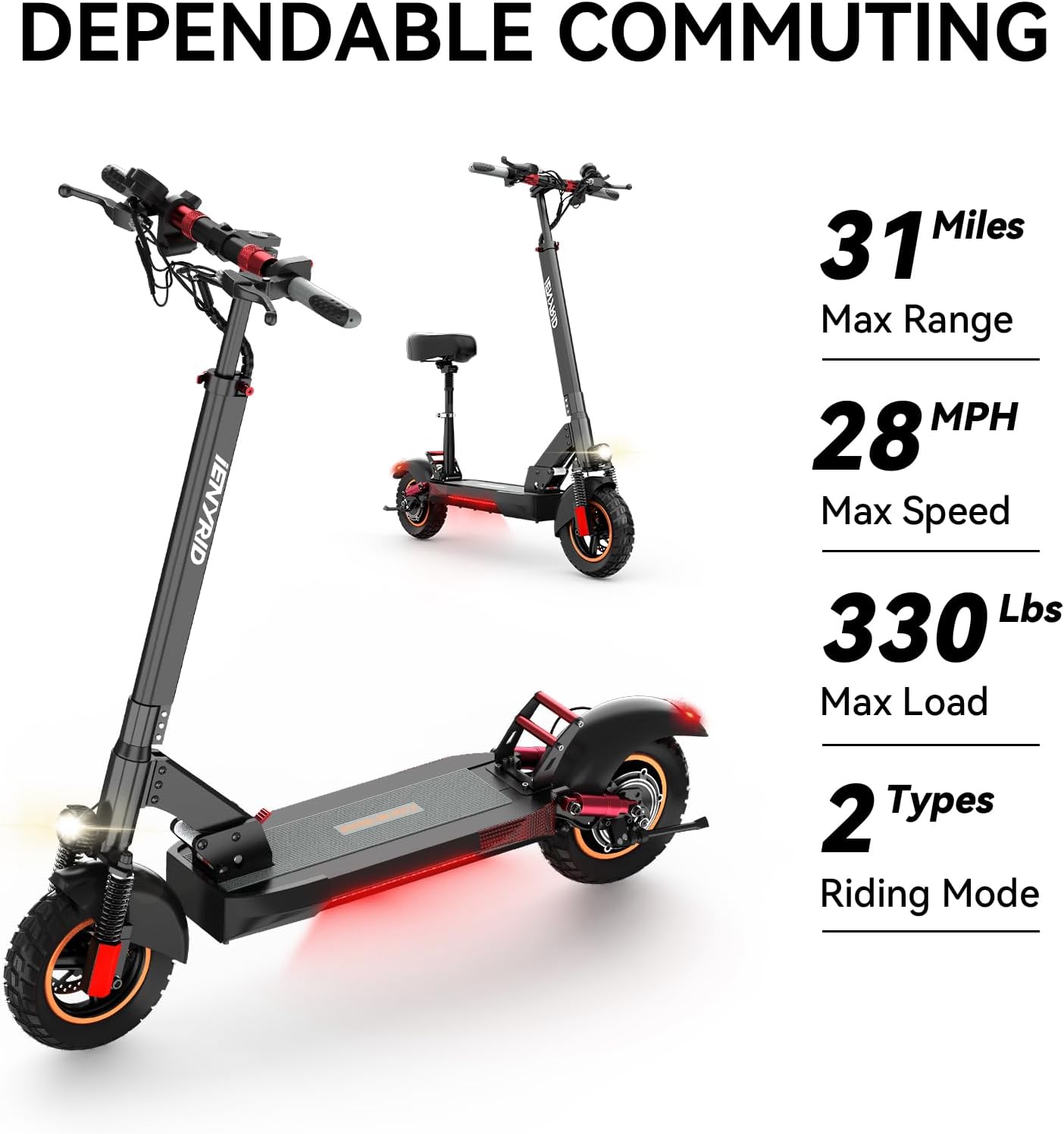 Peak 800W Off-Road Electric Scooter With Seat 48V/10Ah Folding Commuter E Scooter 28Mph Max Speed